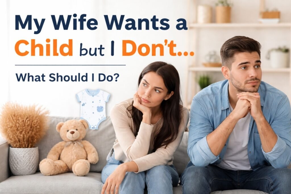 Couple sitting apart and thinking seriously about disagreement on having a child decision