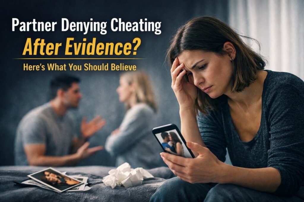 Woman looking at cheating evidence on phone while partner denies it, feeling confused and hurt