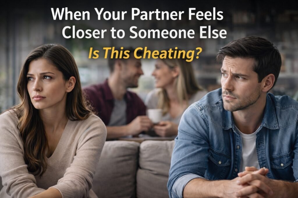 Couple sitting apart looking distant while partner connects emotionally with someone else in background, showing emotional cheating concern