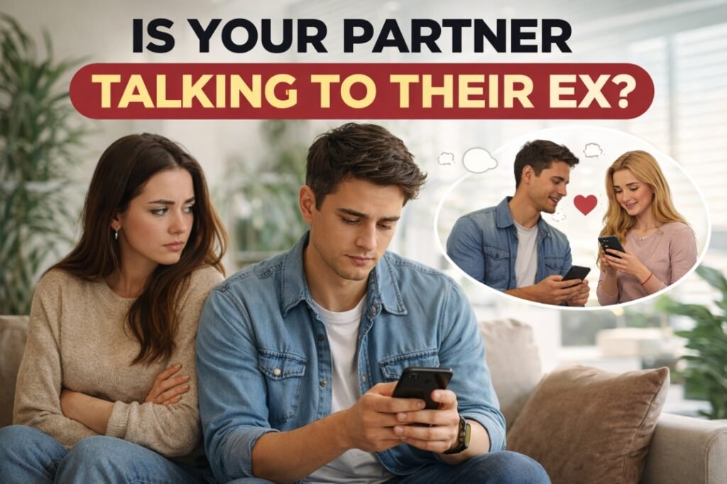 Woman feeling anxious while her partner secretly uses his phone, representing concerns about partner talking to an ex