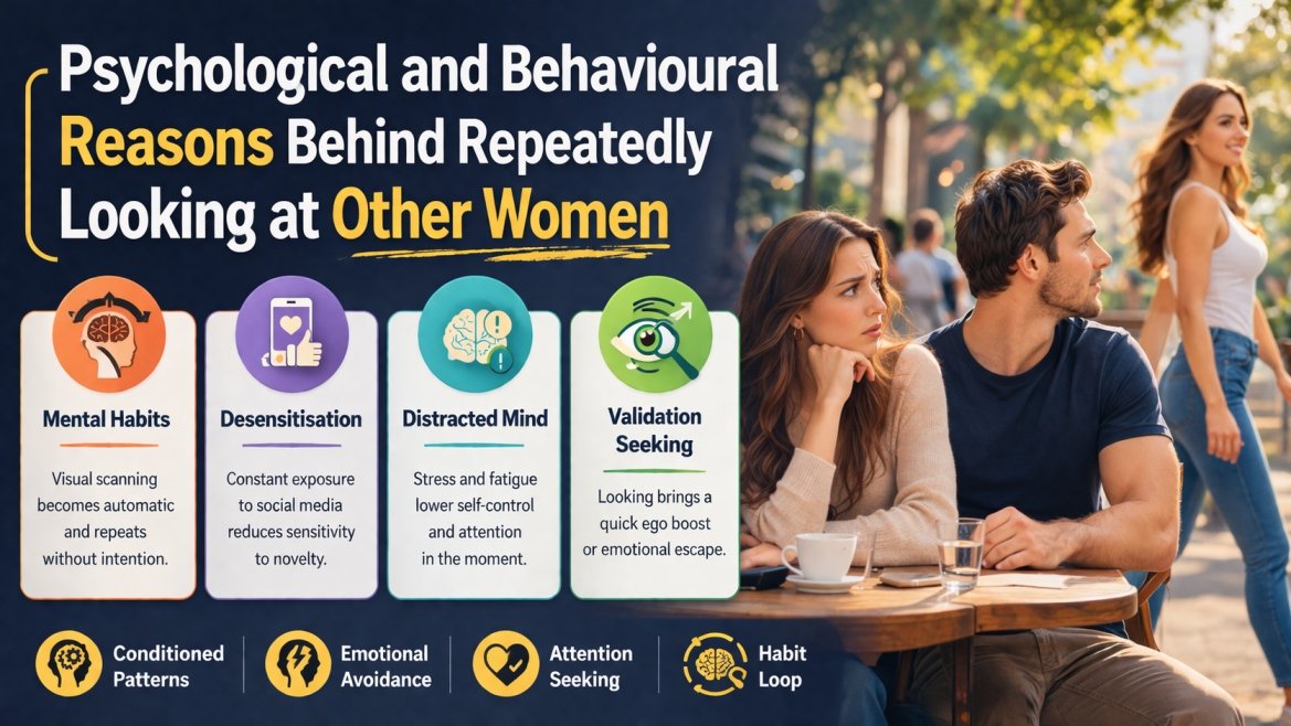 infographic showing psychological and behavioural reasons behind repeatedly looking at other women in a relationship