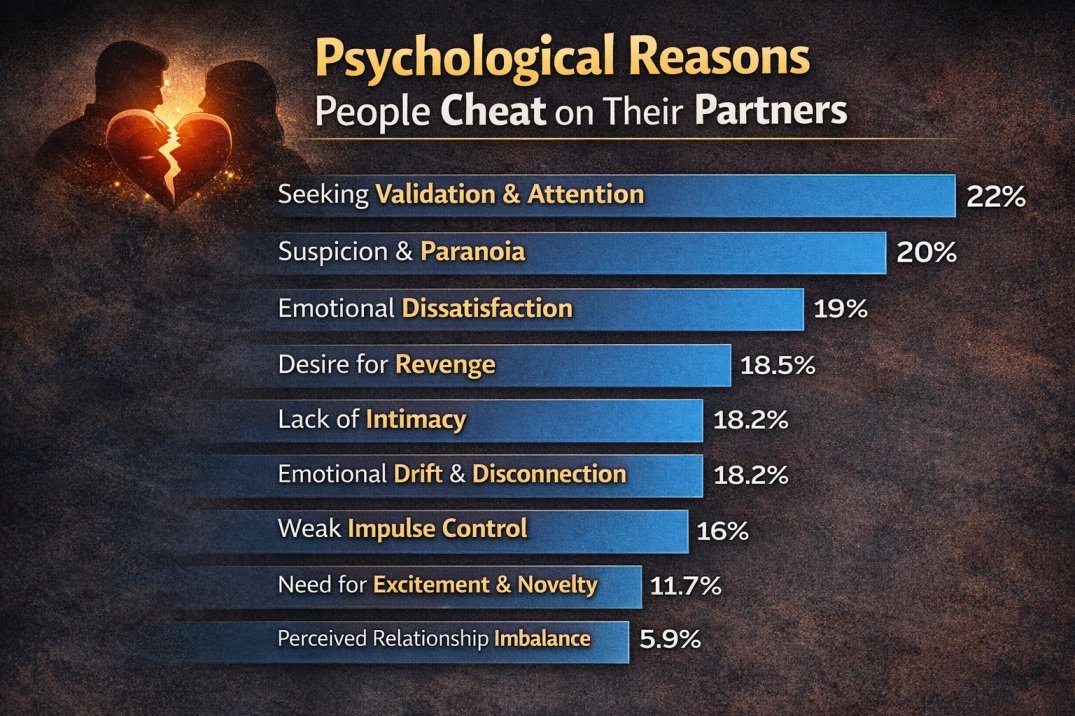 psychological reasons people cheat on their partners including validation seeking emotional disconnection revenge and impulse control issues