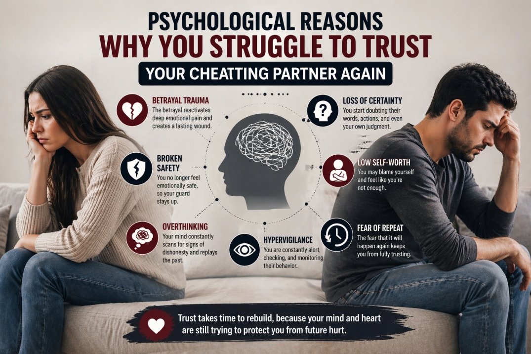 Psychological reasons why people struggle to trust their partner after cheating, including doubt, overthinking, and hypervigilance