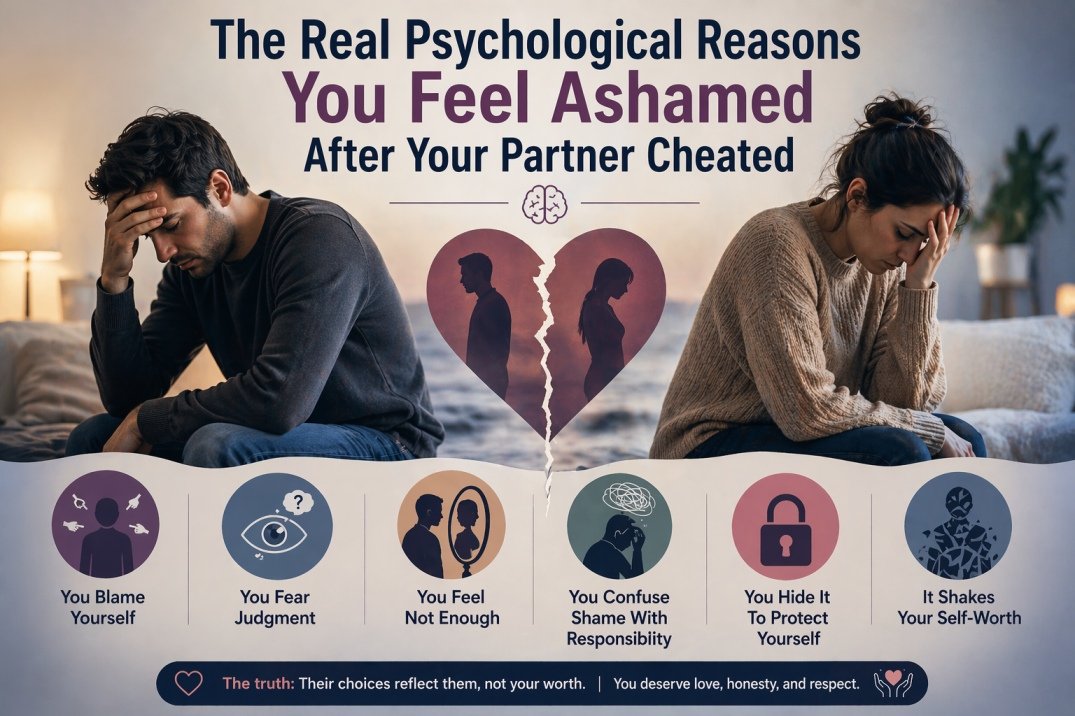Infographic showing psychological reasons people feel ashamed after partner cheated, with both man and woman feeling emotional and isolated