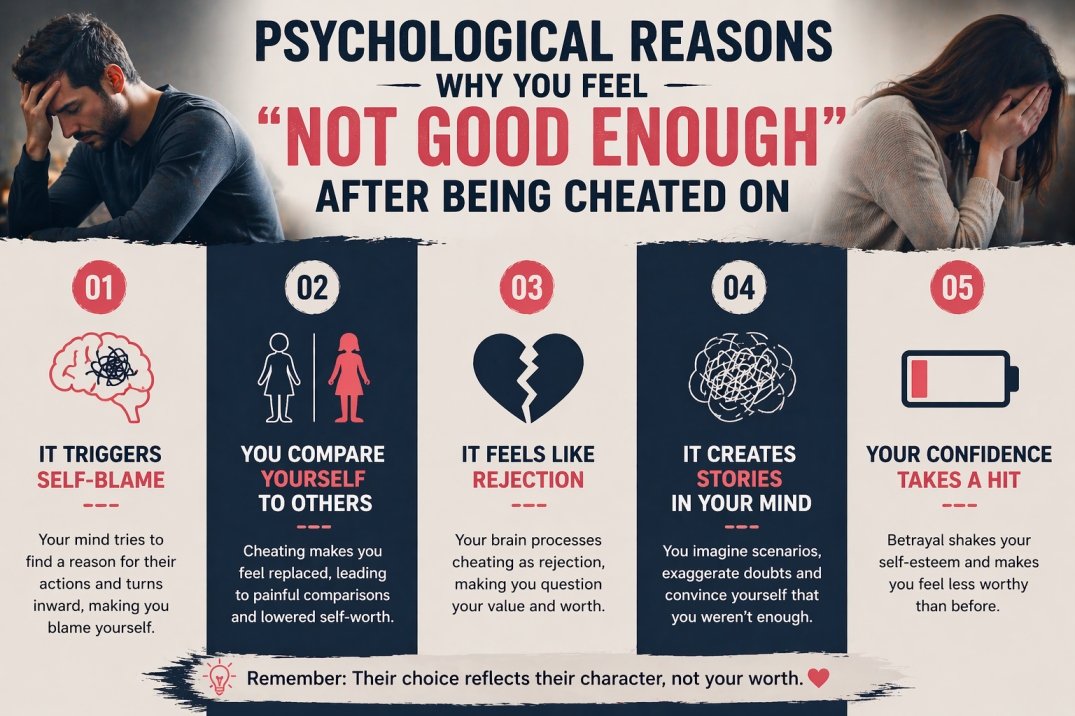 Psychological reasons why you feel not good enough after being cheated on infographic showing self-blame comparison rejection and low self-esteem