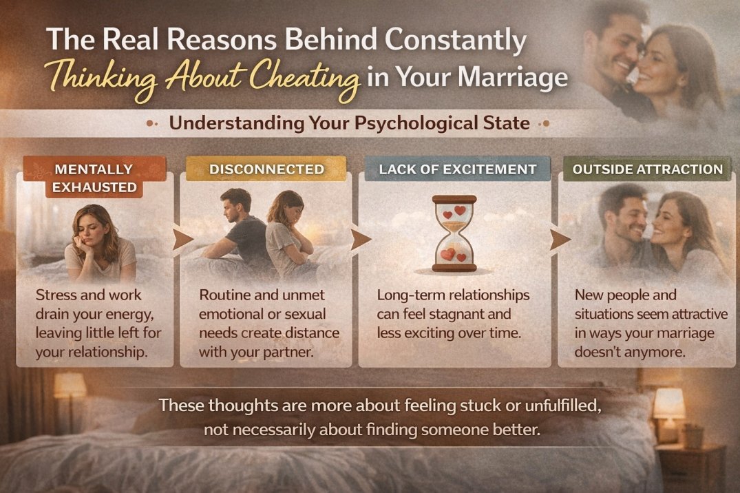 Infographic showing real reasons behind cheating thoughts in marriage including stress, lack of excitement, emotional disconnection and attraction to new people