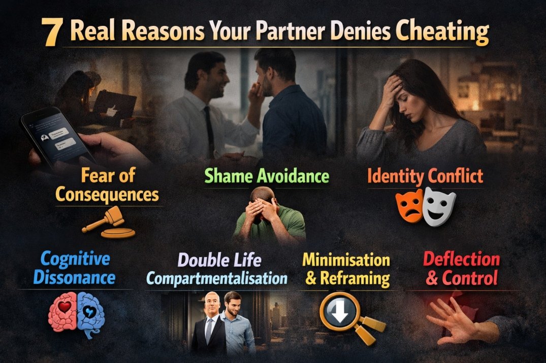 7 real reasons your partner denies cheating including fear of consequences, shame avoidance, cognitive dissonance and emotional deflection
