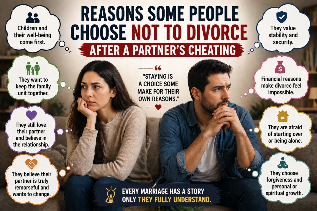 Couple with thought bubbles showing reasons people choose not to divorce after a partner’s cheating, including children, finances, and emotional attachment