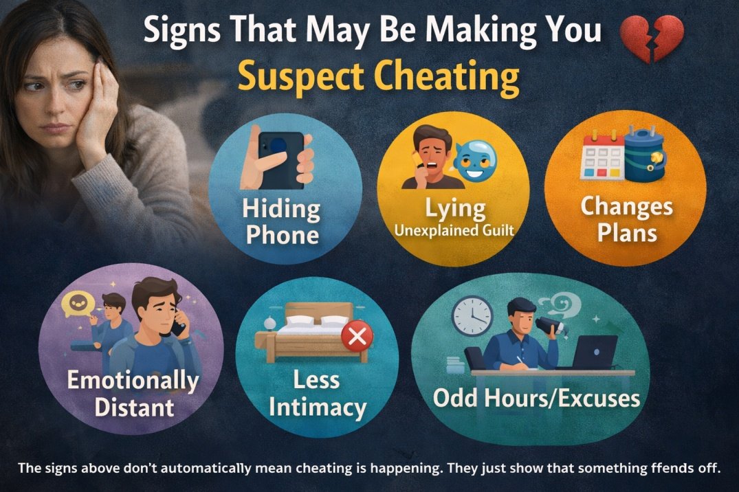 I Suspect My Partner Is Cheating, but Have No Proof - What Should I Do? 3 Infographic showing signs that may make you suspect your partner is cheating without proof