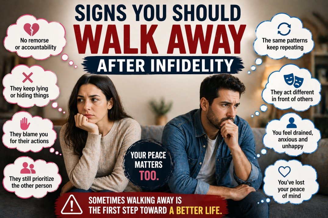 Confused couple with thought bubbles showing signs to walk away after infidelity, including lying, no remorse, and emotional distress