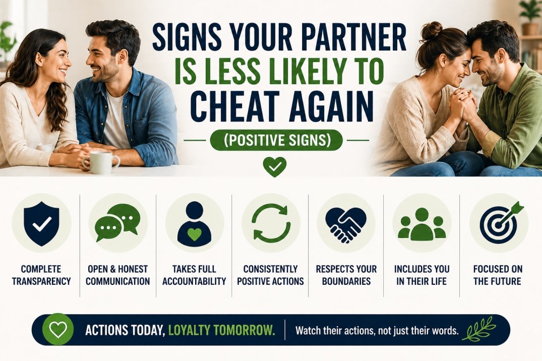 Infographic showing signs your partner is less likely to cheat again, including accountability, transparency, consistent behaviour, and respect for boundaries