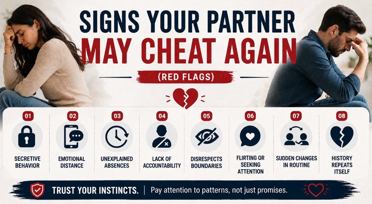 Infographic showing signs your partner may cheat again, including secrecy, emotional distance, lack of accountability, and repeated patterns