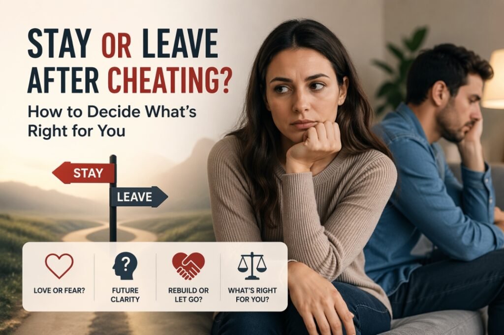 Couple struggling to decide whether to stay or leave after cheating, showing emotional distance and relationship conflict