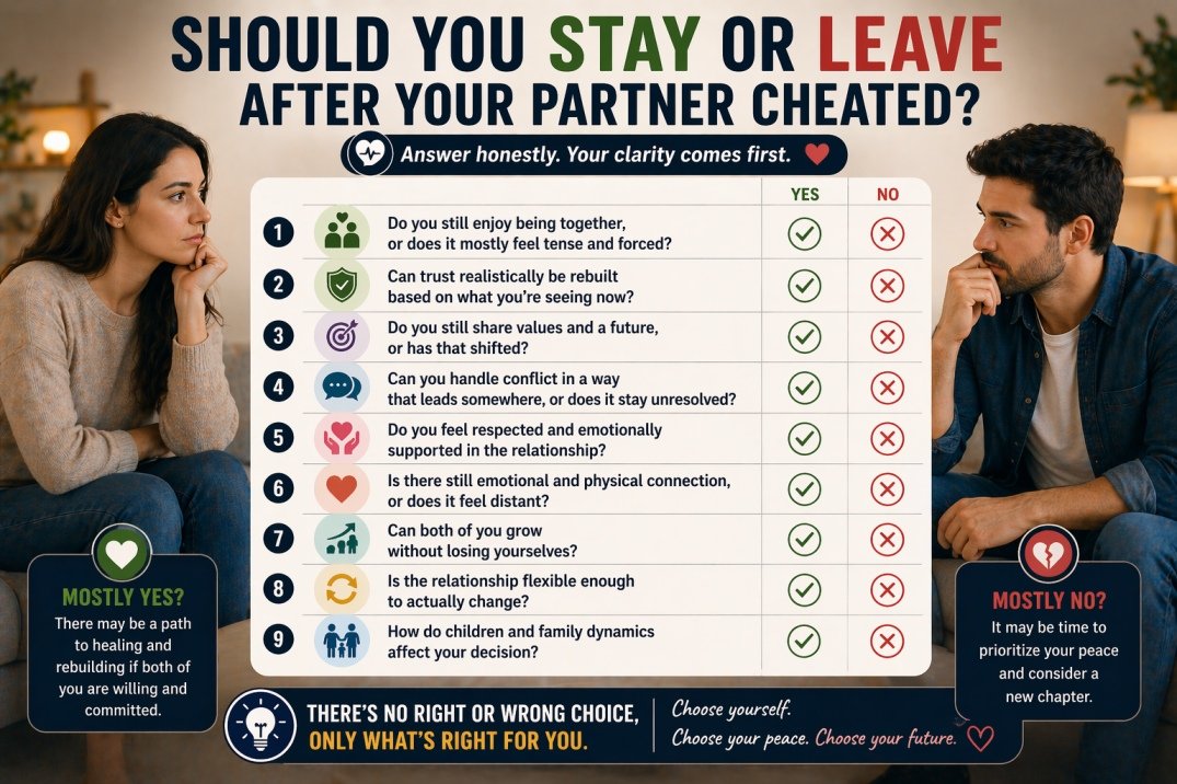Man and woman sitting apart with a yes or no quiz to decide whether to stay or leave after partner cheated