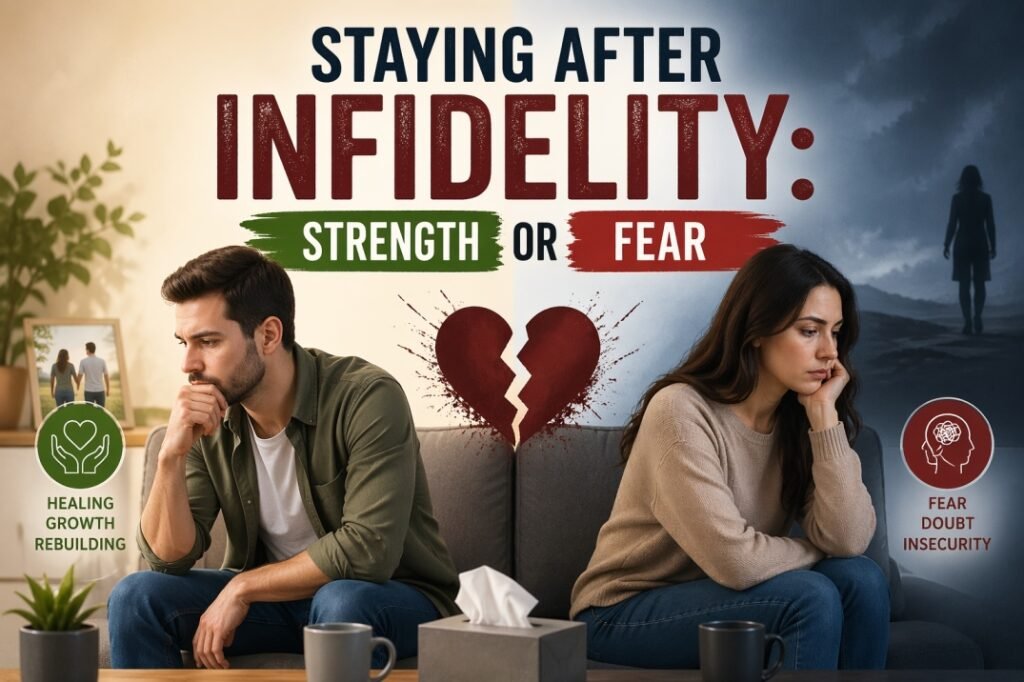 Man and woman sitting apart after infidelity, showing emotional conflict of staying in a relationship after cheating, strength vs fear concept