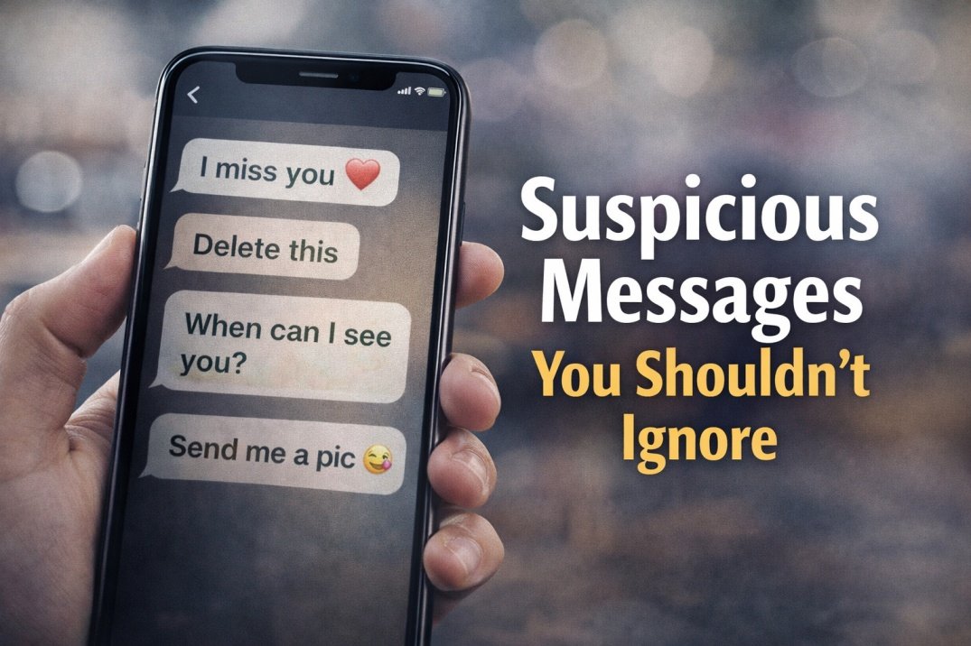 Suspicious messages on partner phone showing cheating texts like I miss you and delete this