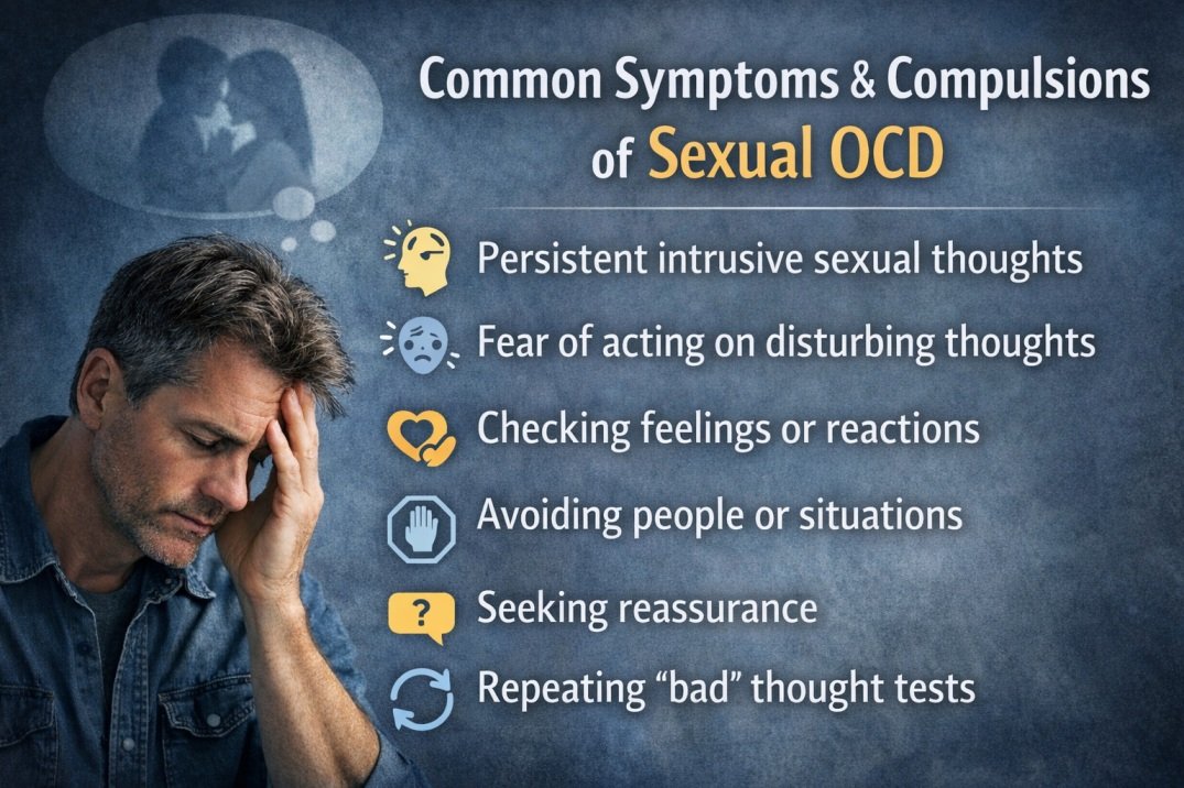 I’m in My 40s Having Disturbing Sexual Thoughts - Is This OCD and How Do I Stop Obsession? 3 Common symptoms and compulsions of sexual OCD including intrusive thoughts, checking, avoidance, and reassurance seeking