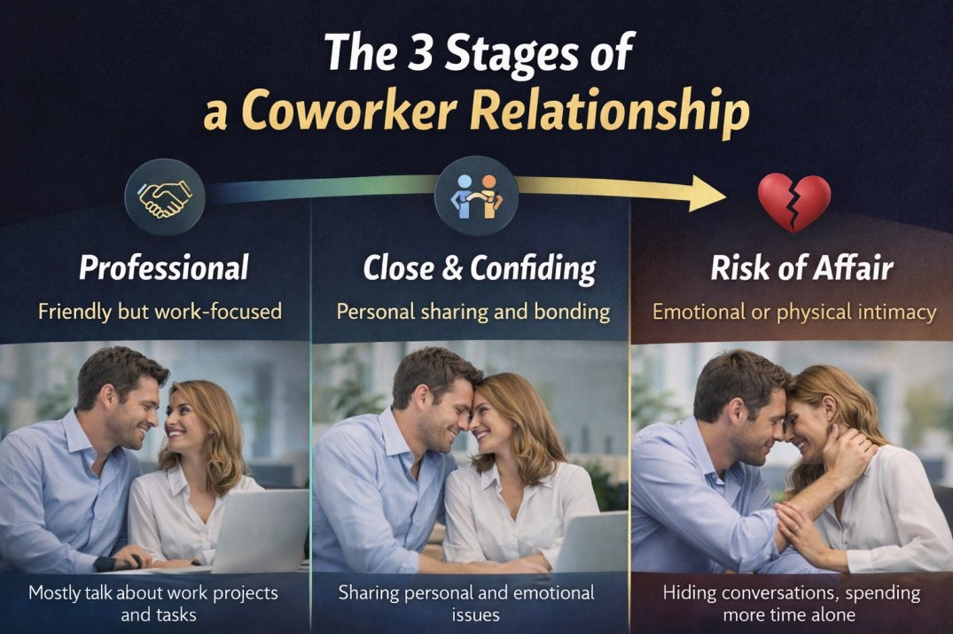 Infographic showing 3 stages of coworker relationship from normal friendship to emotional affair