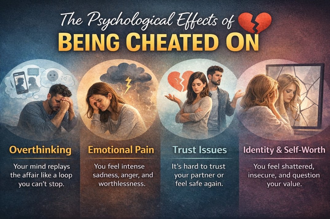 infographic showing psychological effects of being cheated on including emotional pain trust issues overthinking and low self worth