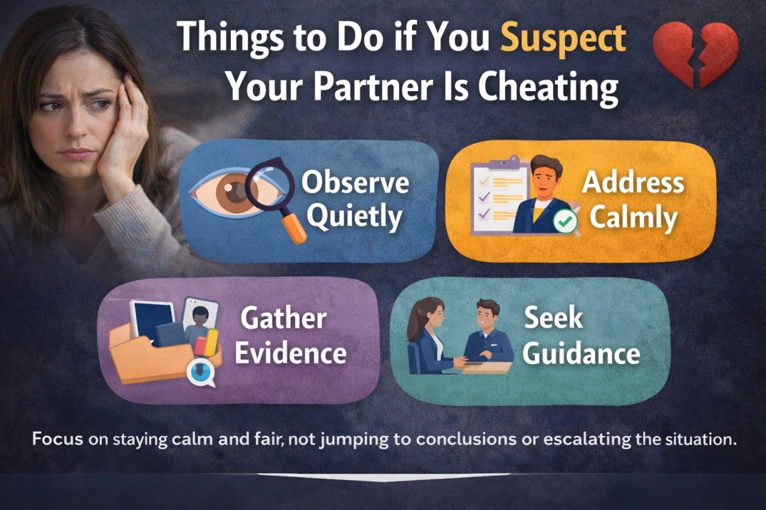 I Suspect My Partner Is Cheating, but Have No Proof - What Should I Do? 4 Steps to take if you suspect your partner is cheating without proof infographic