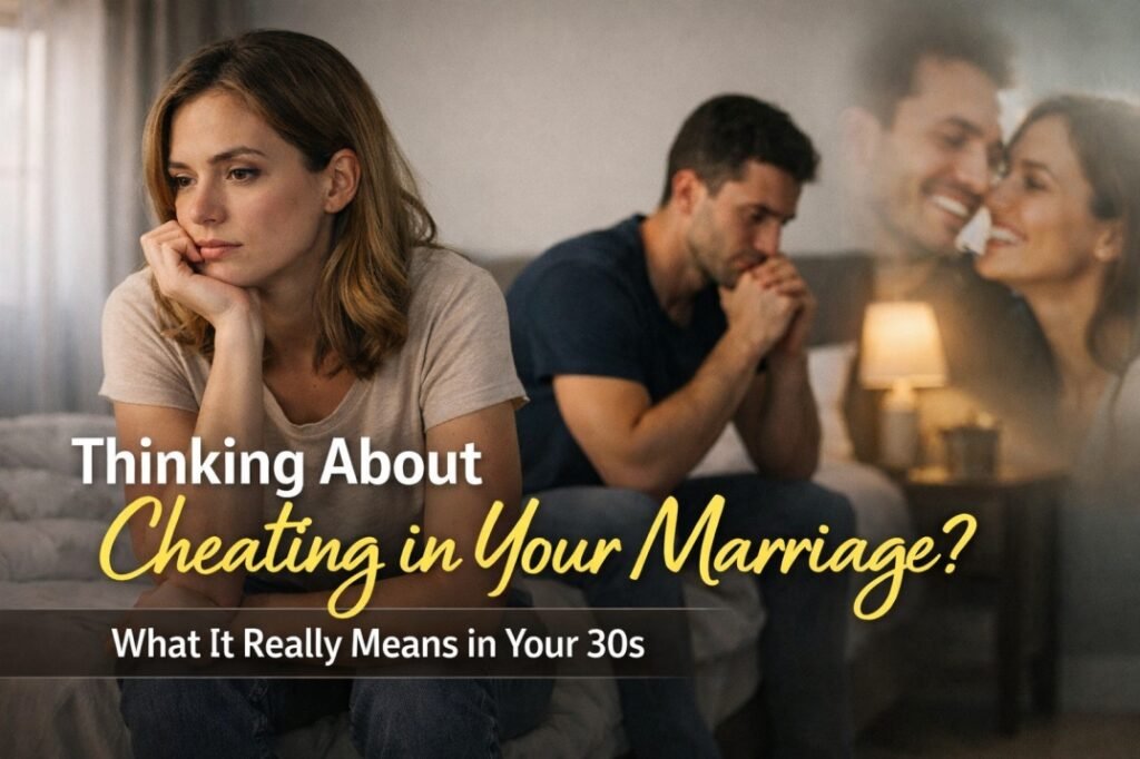 Couple sitting apart after argument with thoughts of cheating in marriage and emotional distance in their 30s