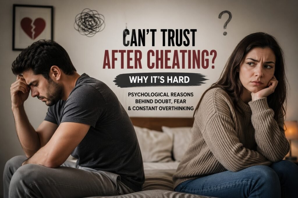 Couple struggling with trust issues after cheating, showing doubt and emotional distance