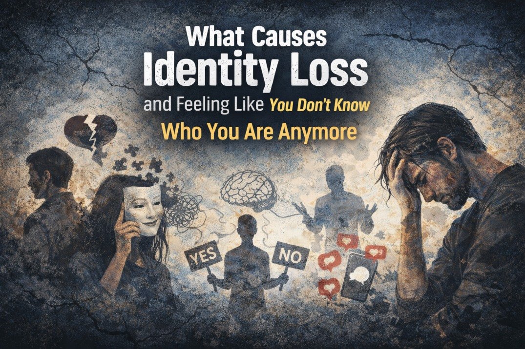 I Don’t Know Who I Am Anymore – Feeling Lost After Years of Masking and Broken Relationships 4 Person feeling confused and overwhelmed with broken identity visuals representing causes of identity loss and emotional disconnection