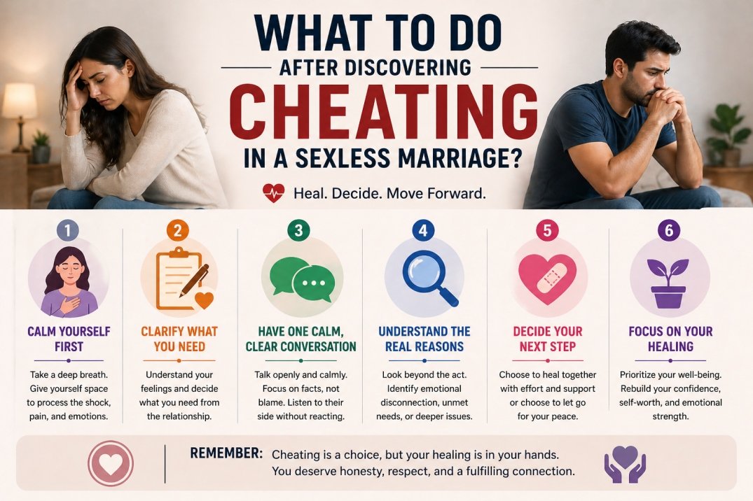 Infographic showing what to do after discovering cheating in a sexless marriage including calm response, clarity, and next steps