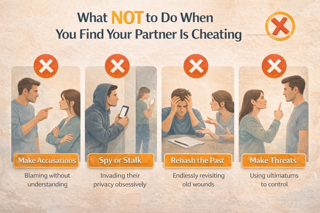 Infographic showing what not to do when you find your partner is cheating including accusations spying and threats