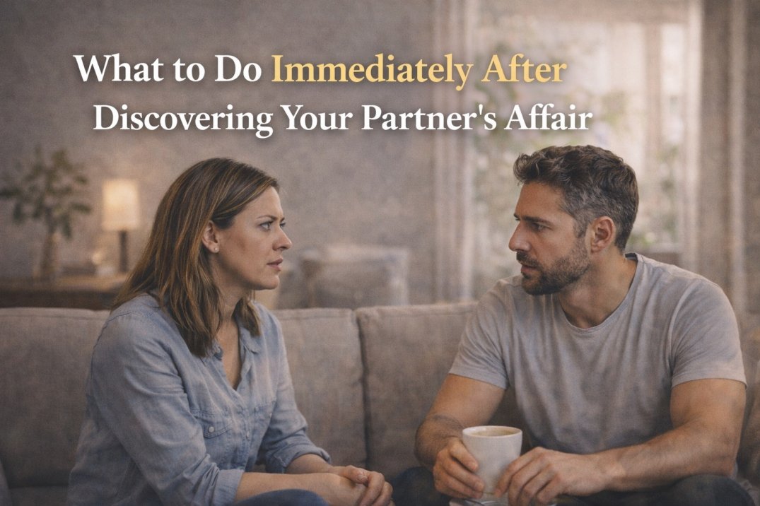 Husband and wife having a serious conversation after discovering an affair, showing immediate response and emotional shock