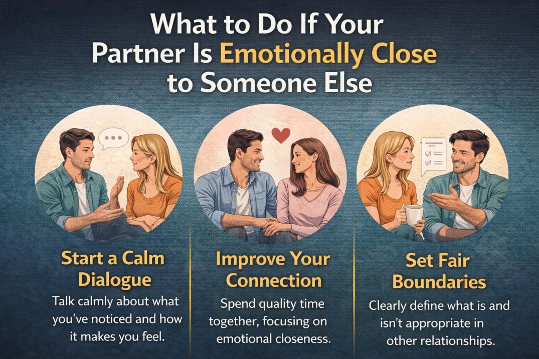 Infographic showing steps to handle emotional closeness with someone else, including communication, rebuilding connection, and setting boundaries