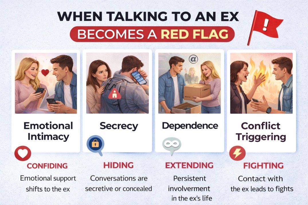 Infographic showing signs like secrecy, emotional intimacy, dependence, and conflict when talking to an ex becomes a red flag