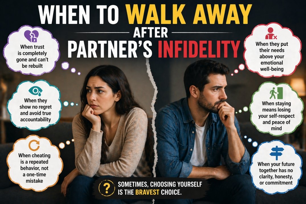 Couple sitting apart with thought bubbles showing when to walk away after partner infidelity and relationship breakdown