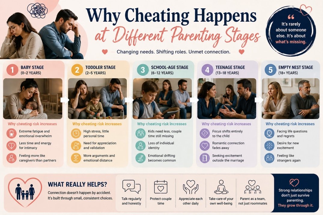 Infographic showing why cheating happens at different parenting stages from baby phase to teenage years