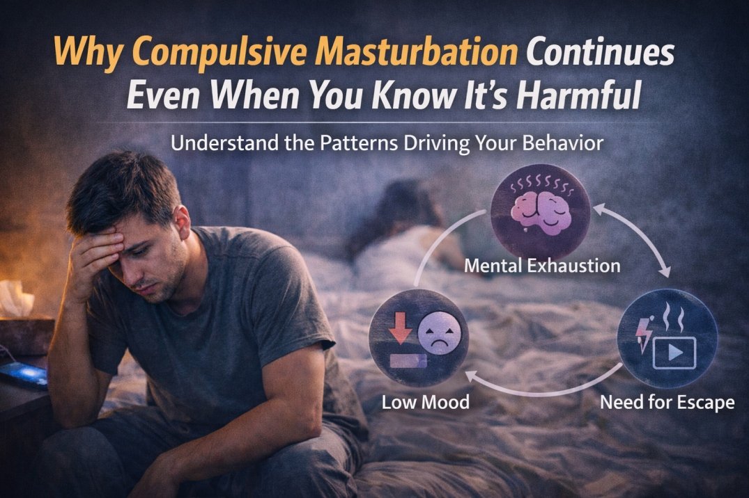 I’m in My 20s and Struggling With Compulsive Masturbation and Erectile Dysfunction – How Do I Fix This? 3 Young man feeling stressed and mentally exhausted, explaining why compulsive masturbation continues due to stress, low mood, and need for escape