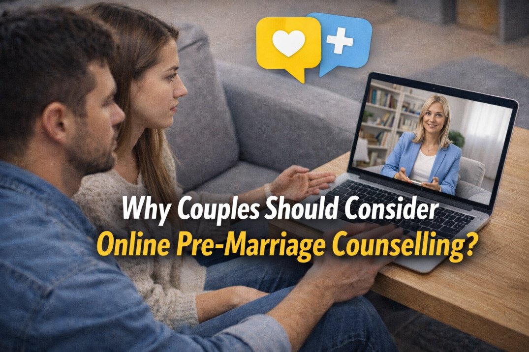 Couple attending online pre marriage counselling session with therapist on video call discussing relationship and compatibility