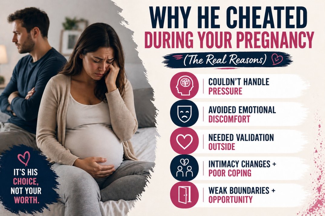 Infographic explaining why a partner cheats during pregnancy with key psychological reasons