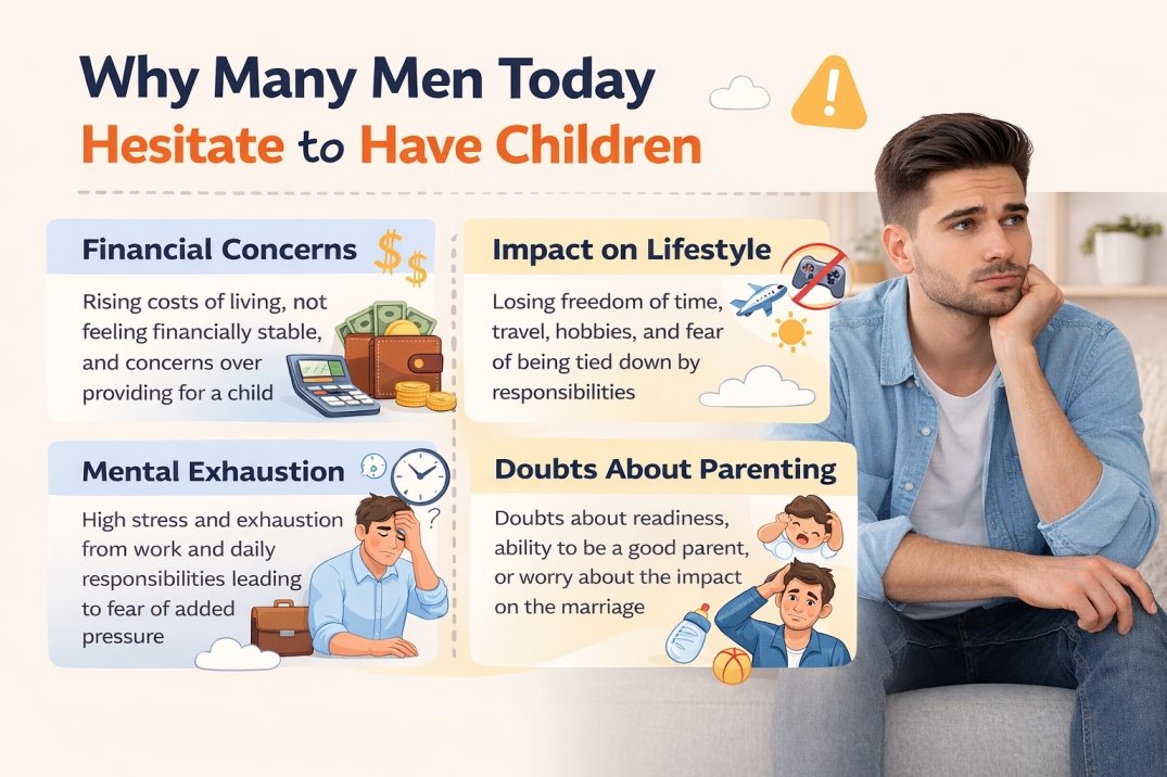 Horizontal infographic showing reasons why many men today hesitate to have children including financial concerns, lifestyle change, stress, and parenting doubts