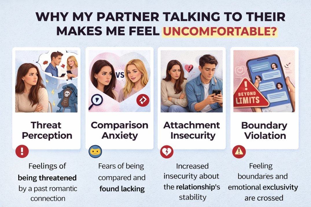 Infographic showing psychological reasons like threat perception, comparison anxiety, attachment insecurity, and boundary violation when a partner talks to their ex