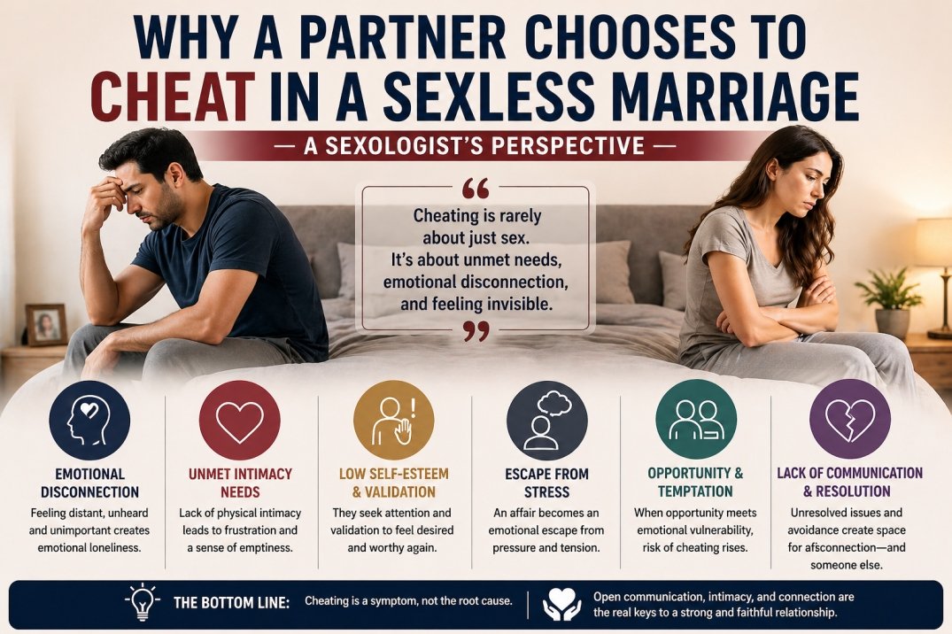 Infographic showing why a partner cheats in a sexless marriage including emotional disconnection, unmet needs, and lack of communication