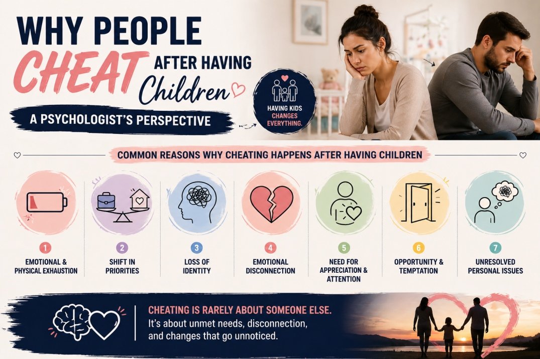 Infographic showing reasons why people cheat after having children including emotional disconnection, identity loss and routine life