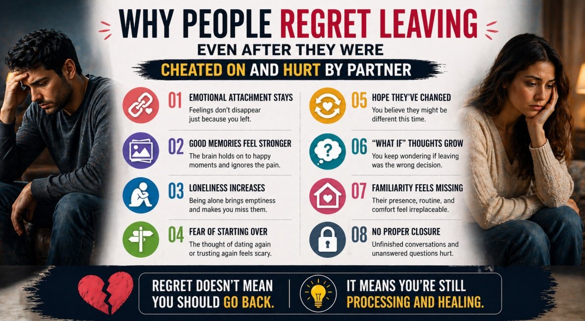 I Left After Being Cheated On but Now Regret It - Should I Go Back? 3 Man and woman both feeling regret after leaving a partner who cheated, infographic showing reasons for post-breakup regret