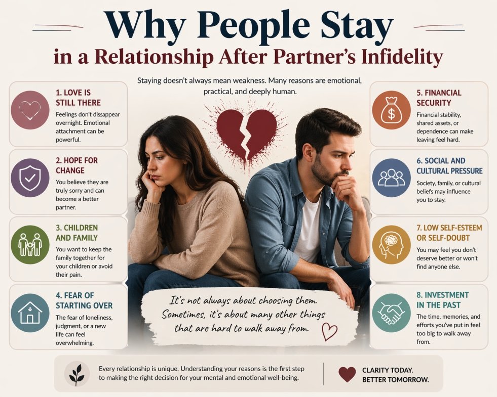Infographic showing key reasons people stay in a relationship after a partner’s infidelity including love, stability, fear of starting over, and emotional attachment