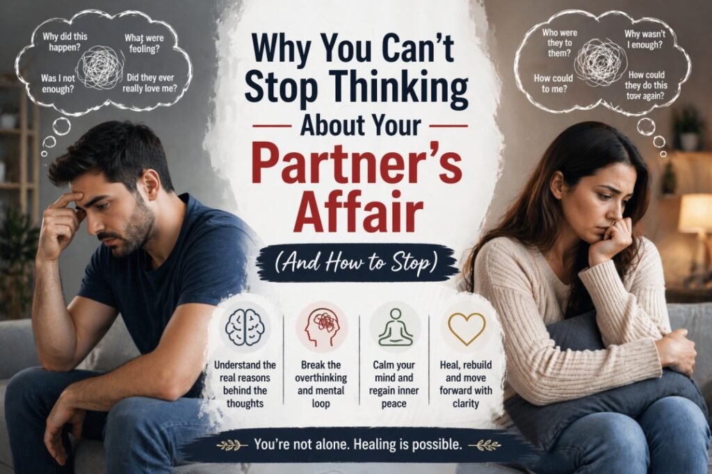 Man and woman feeling hurt and overthinking after partner’s affair, showing intrusive thoughts and emotional distress