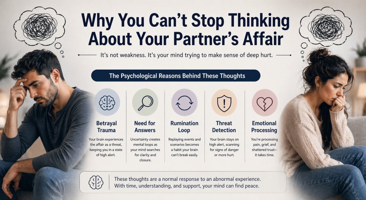 Man and woman overthinking after partner’s affair showing psychological reasons like rumination, betrayal trauma, and intrusive thoughts