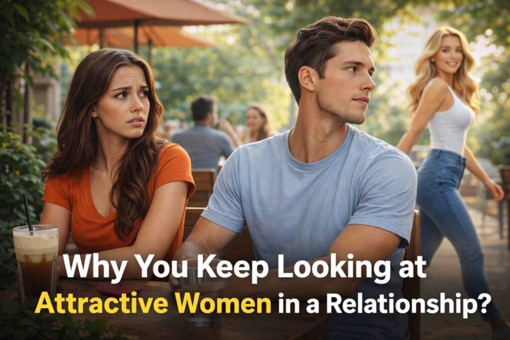 man looking at another woman while sitting with his partner showing relationship insecurity and attention issues