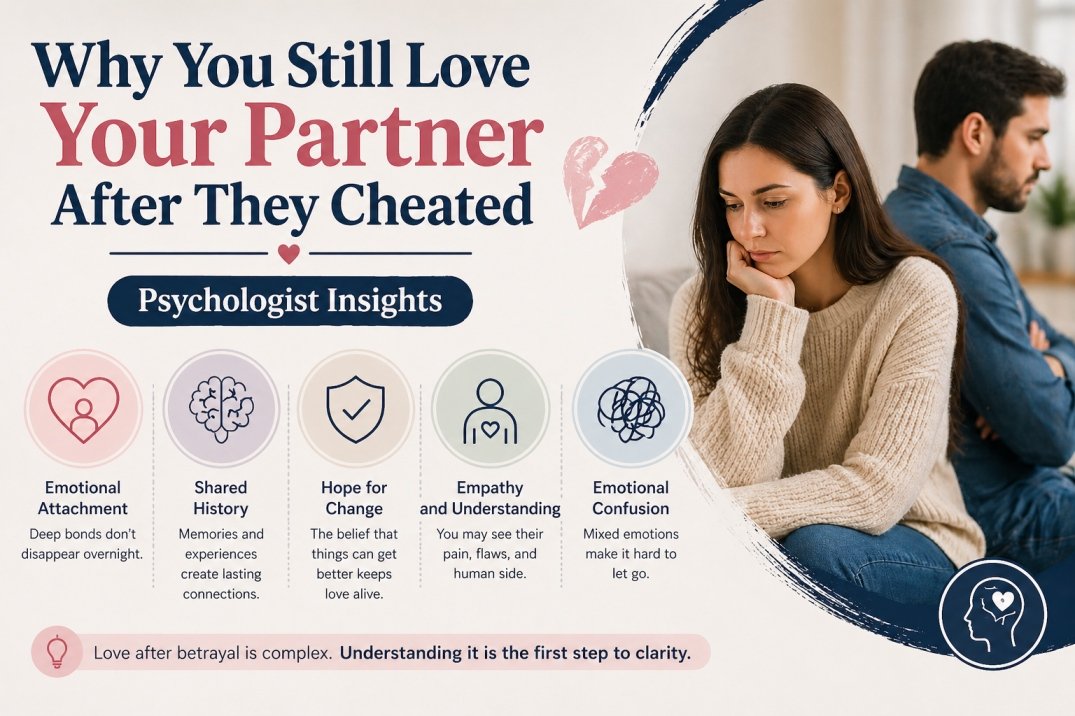 Infographic showing why you still love your partner after cheating, including emotional attachment, shared history, and hope for change