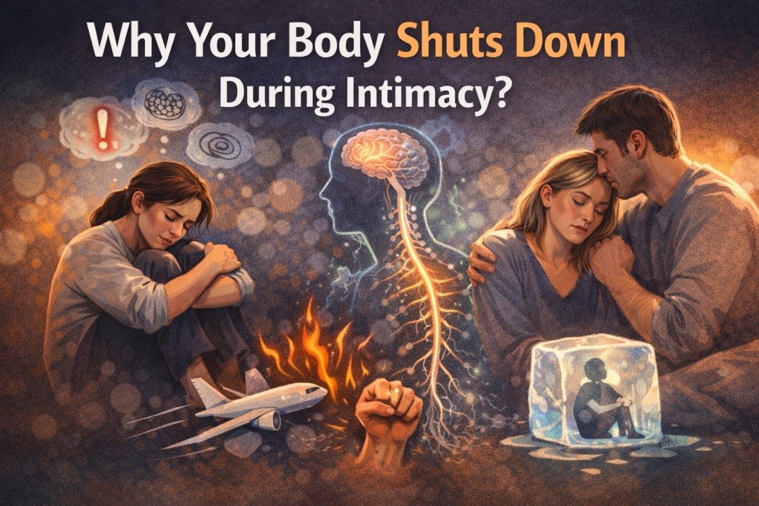a person feeling overwhelmed and disconnected during intimacy, with nervous system activation, overthinking, and emotional withdrawal affecting connection with partner