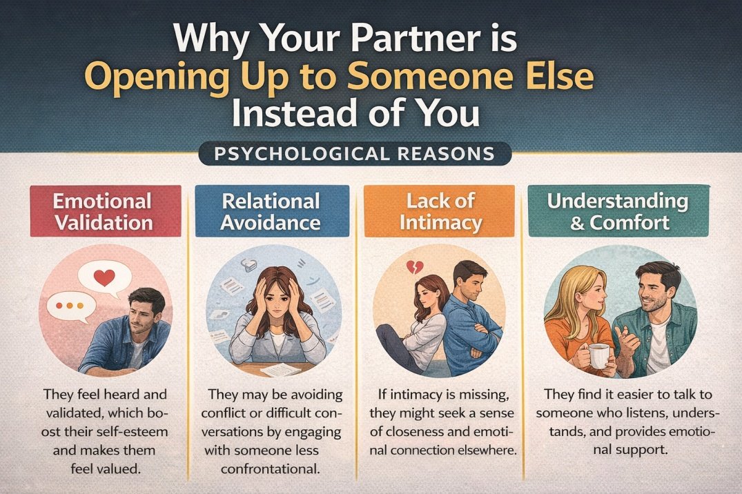 Infographic showing psychological reasons why a partner opens up emotionally to someone else instead of their relationship partner
