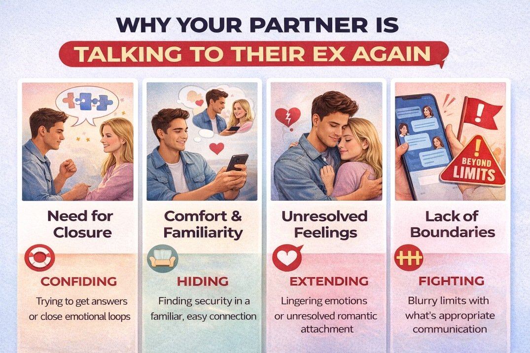 Infographic explaining why a partner talks to their ex again, including closure, familiarity, unresolved feelings, and lack of boundaries